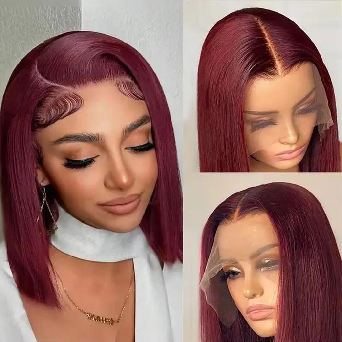 Perruques bob droites bordeaux 99J, prêtes à porter, sans colle, perruques en cheveux humains avec d