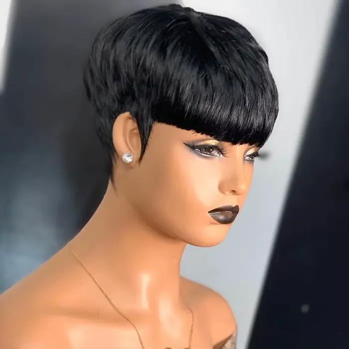 Perruques de cheveux courts, perruques coupe lutin, perruques courtes droites noires pour dames perr