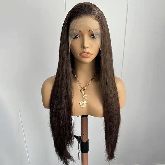 Perruque Lace Front Wig synthétique brune longue et lisse pour femmes, cheveux bruns, brun chocolat 