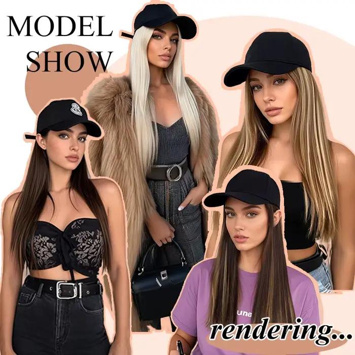 Perruque de chapeau synthétique avec cheveux noirs longs et lisses, Extension capillaire, Design tou