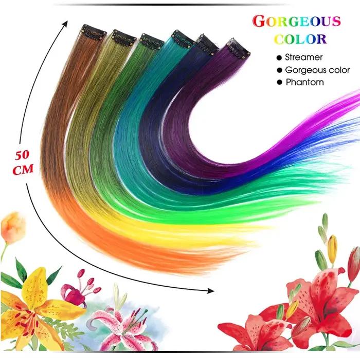 Extensions capillaires synthétiques arc-en-ciel à reflets, postiche à Clip coloré ombré, mèches colo