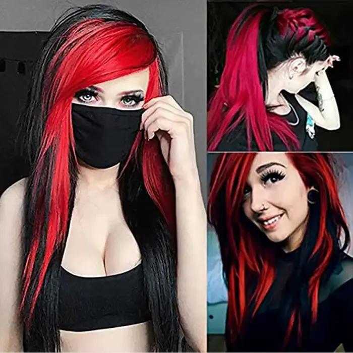 HAIRJOY cheveux synthétiques longs rouge noir droite résistant à la chaleur côté frange Halloween Co