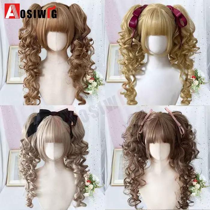Perruque Lolita synthétique coupe princesse Double queue de cheval avec frange fille Ombre Blonde ma