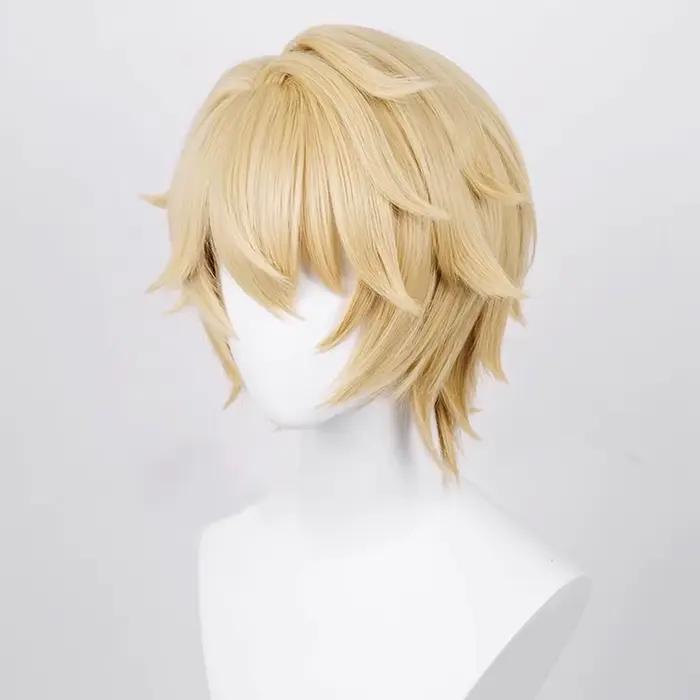 Perruque Synthétique Blonde Courte Droite avec Frange pour Homme, Anime Game Cosplay Fluffy, Perruqu