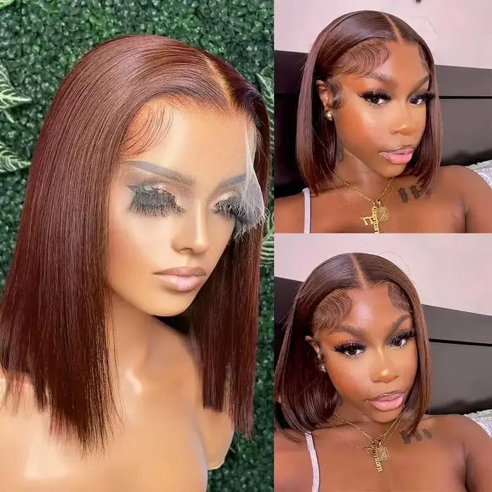 Perruque Lace Front 13x4 Bob Cheveux Humains Bruns Lisses Densité 180% Perruques Frontales en Dentel