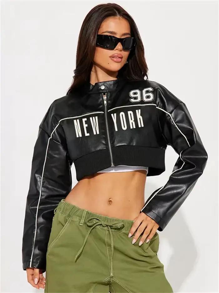 Kliou-Veste en patchwork PU pour femme, manches longues, fermeture éclair, bouton hipster, vêtements