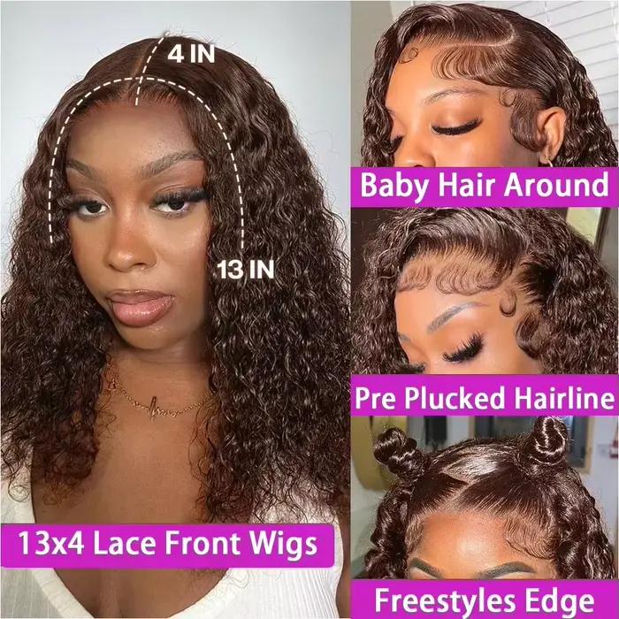 # 4 brun foncé vague profonde bouclés court Bob perruque de cheveux cheveux brésiliens chocolat brun