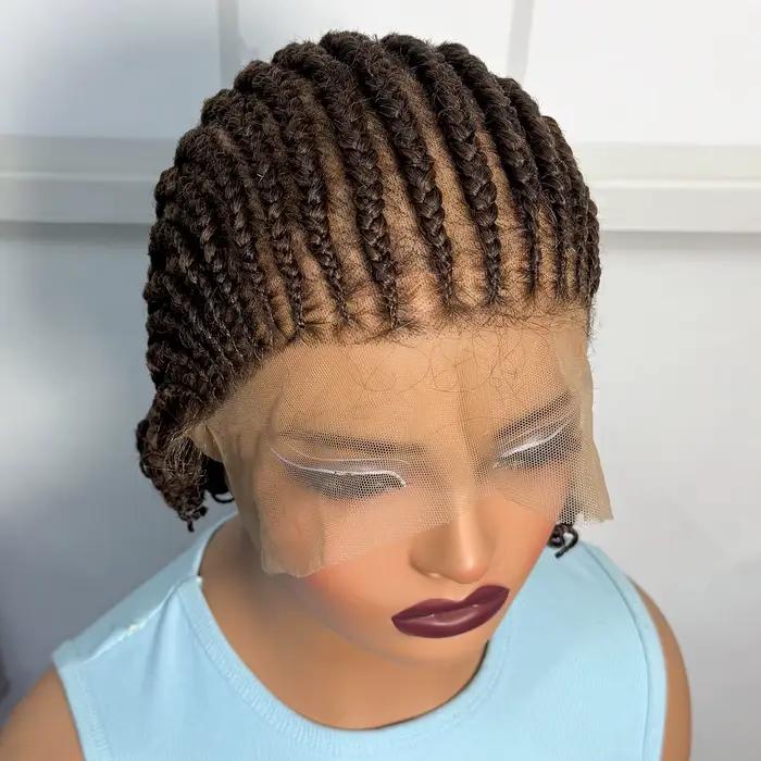 Perruque courte tressée ombrée style cornrow, perruque synthétique pleine dentelle tressée avec chev