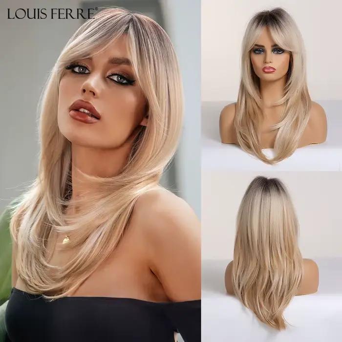 Modiis Ferre-Perruques synthétiques longues ondulées avec frange pour femmes noires, Ombre, Noir, Ma