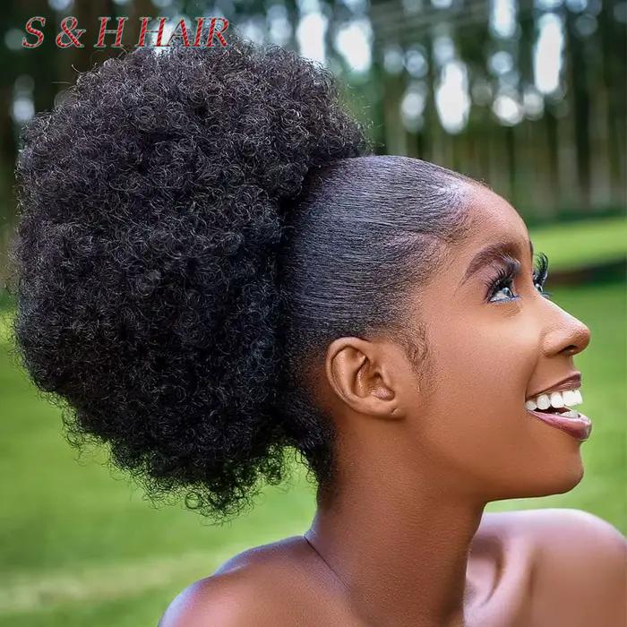 Grande queue de cheval synthétique Afro avec cordon de serrage, Extensions capillaires courtes crépu
