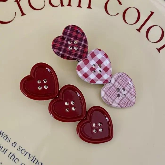 Pince à cheveux bouton d'amour à carreaux doux, frange latérale, pince à bec de canard mignonne, acc