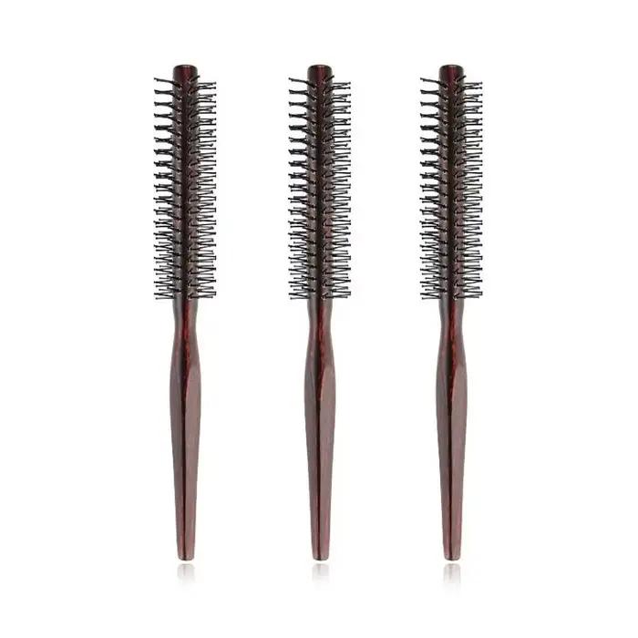 Mini brosse à cheveux ronde en nylon avec manche en bois pour hommes et femmes, peigne à rouleau de 