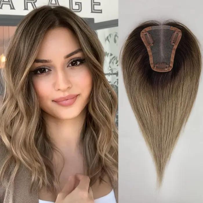 Toppers de cheveux 100% naturels Remy, gris ombré, blond cendré, pour femmes, perte de cheveux, Base