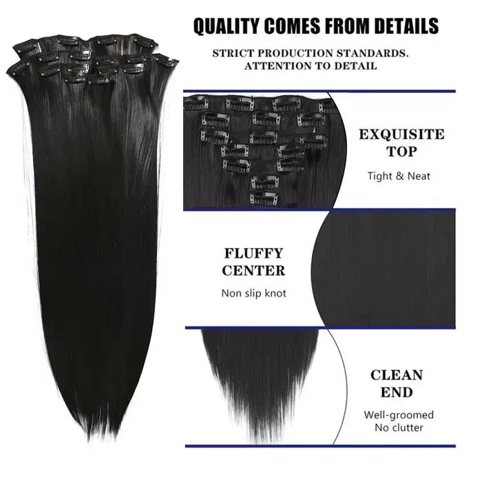 Extensions de cheveux synthétiques longues et lisses à clips, 24 pouces, 16 clips, 7 pièces/ensemble