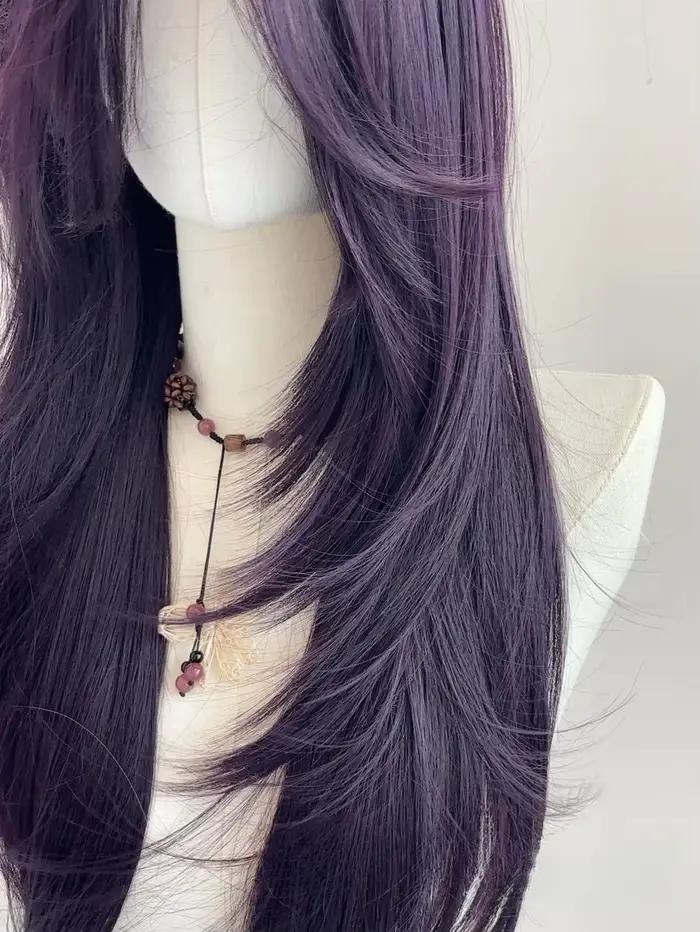 Ashely Perruque violet foncé femme 22 pouces cheveux longs rideau frange couches Nature cheveux raid