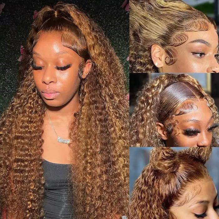Perruques en cheveux humains bouclés brun miel 4/27, densité 250, avec dentelle frontale 13x4, 40 po