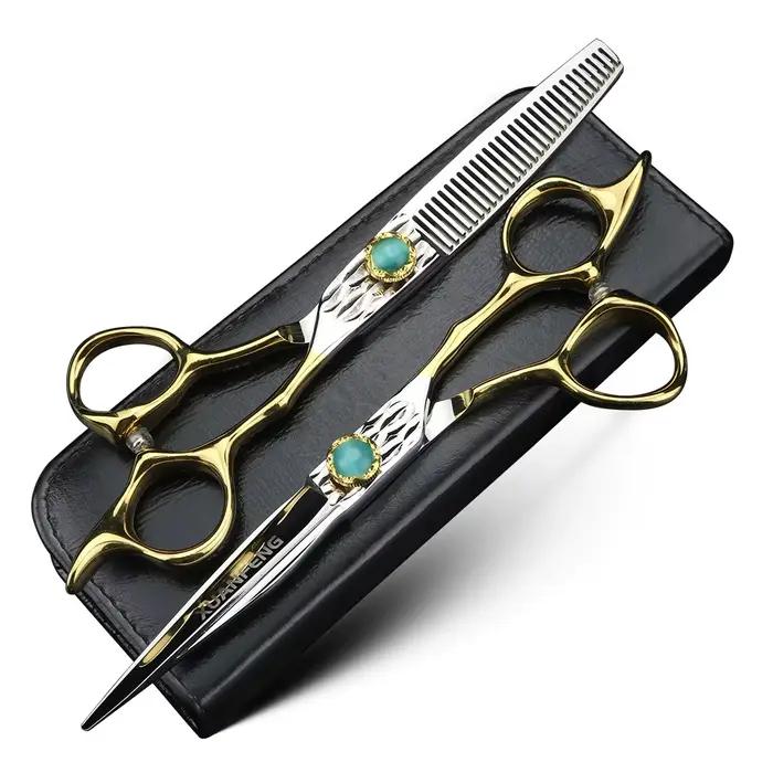 XUANTENG – ciseaux à cheveux dorés de 6 pouces, ciseaux de coupe à vis en agate verte et ensemble de