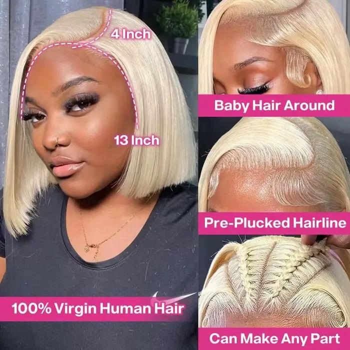 Perruque Bob Lace Frontal Wig naturelle naturelle, cheveux courts et lisses, couleur Blonde 613, 13x