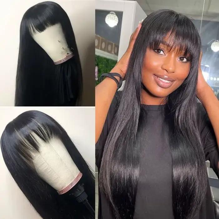 Perruques lisses en cheveux humains avec frange, partie centrale 3x1, perruques lisses pas chères po
