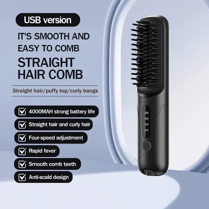 Brosse lissante sans fil, rechargeable par USB, peigne chauffant anti-brûlure à 4 températures pour 