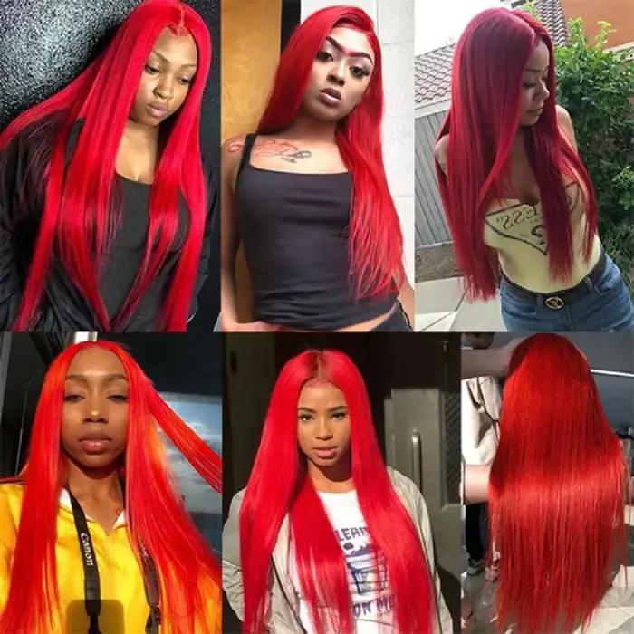 Perruque Lace Frontal Wig brésilienne naturelle, cheveux lisses, couleur bordeaux, 13x6, Hd, pre-plu