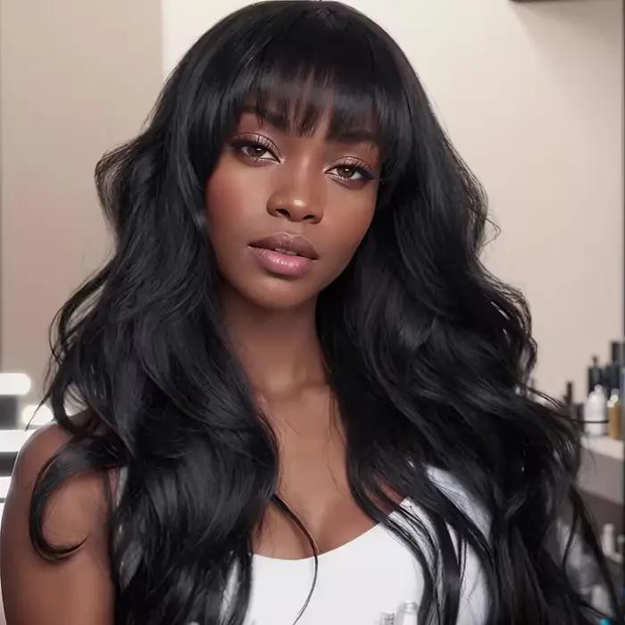 Perruques en cheveux humains ondulés avec frange, entièrement faites à la machine, perruque brésilie