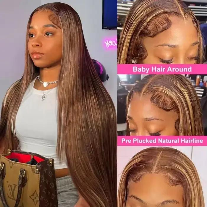 Perruque Lace Front Wig naturelle lisse sans colle, cheveux humains, naissance des cheveux pré-épilé