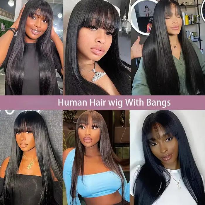 Perruques lisses en cheveux humains avec frange, partie centrale 3x1, perruques lisses pas chères po