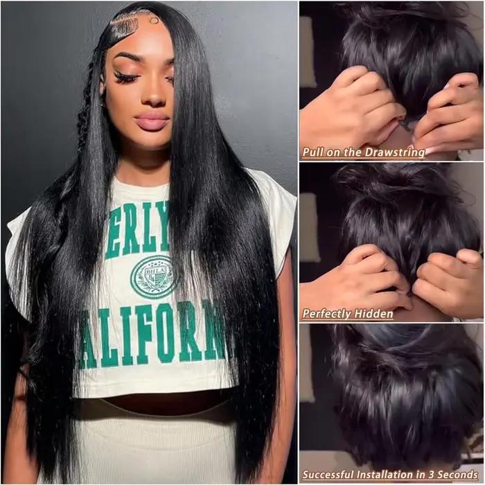 Perruque en cheveux humains à partie en V droite, améliorée, sans colle, demi-perruque à clipser ave