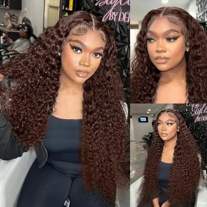 Perruques bouclées profondes cheveux humains brun chocolat 13x4 13x6 Hd dentelle frontale perruque c