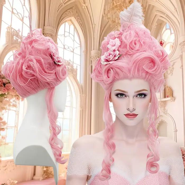 Perruque synthétique rose moelleuse de haute qualité |   Coiffure de la reine avec des fleurs de plu