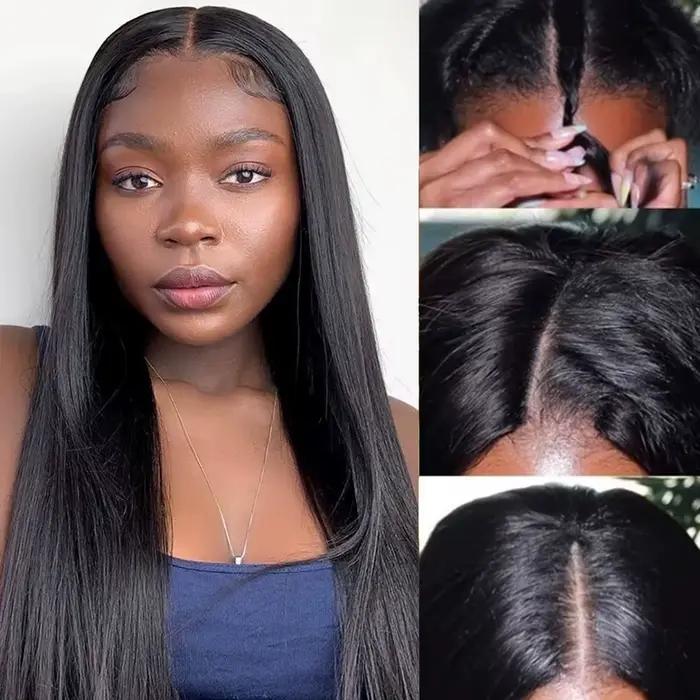 Perruque brésilienne sans colle à clipser, cheveux humains raides, densité 220, coupe en V, 16-36 po