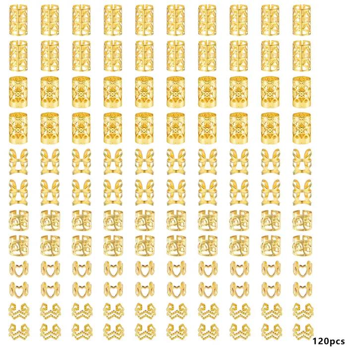 120 anneaux pour cheveux dorés de 6 formes, réglables pour femmes et filles, pour la vie quotidienne