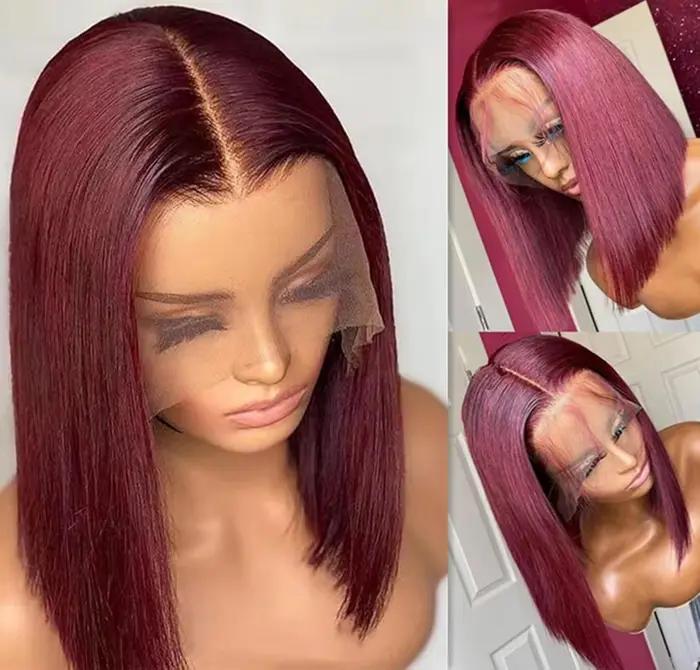 Perruque Bob bordeaux cheveux humains 13x4 dentelle frontale droite 99J perruques de cheveux humains