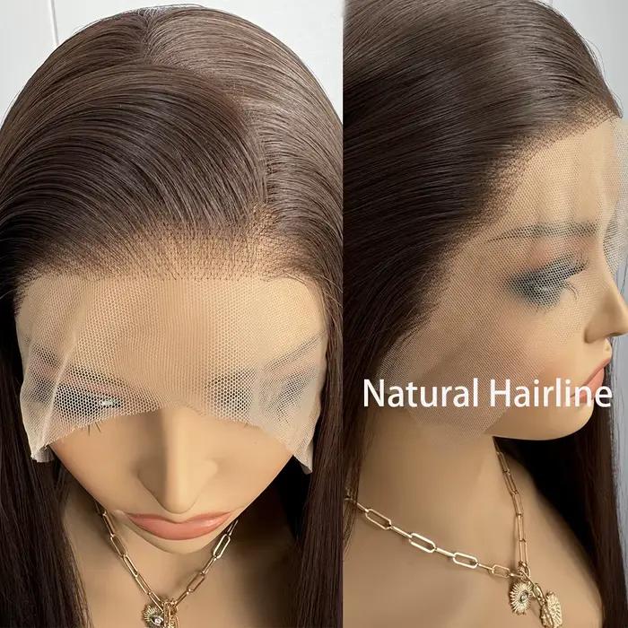 Perruque Lace Front Wig synthétique brune longue et lisse pour femmes, cheveux bruns, brun chocolat 