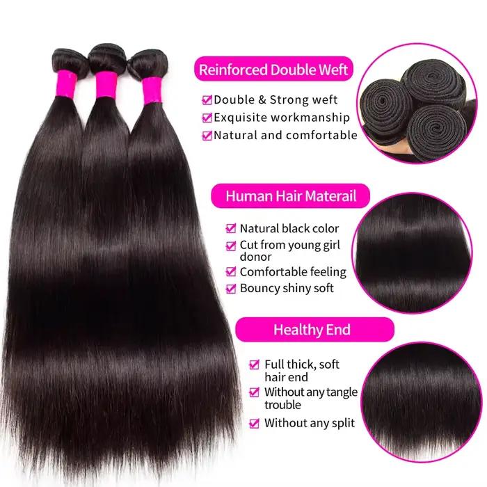 Extensions de cheveux humains Remy lisses, lots de 1/3/4 pièces, noir naturel, tissage brésilien, 14