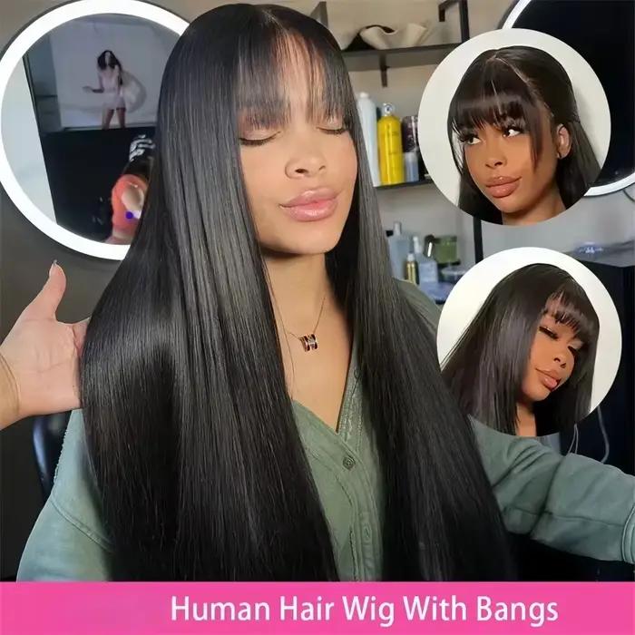 Perruques lisses en cheveux humains avec frange, partie centrale 3x1, perruques lisses pas chères po