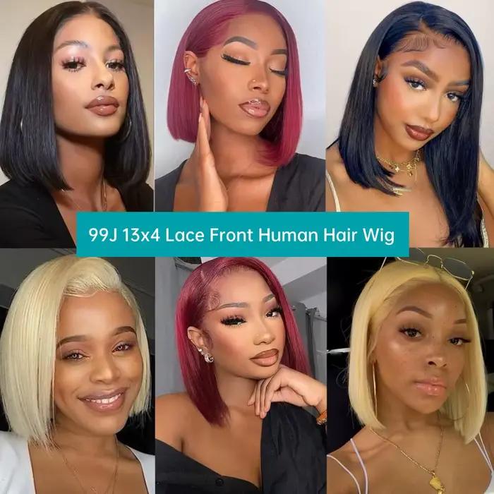 Perruque Bob bordeaux cheveux humains 13x4 dentelle frontale droite 99J perruques de cheveux humains