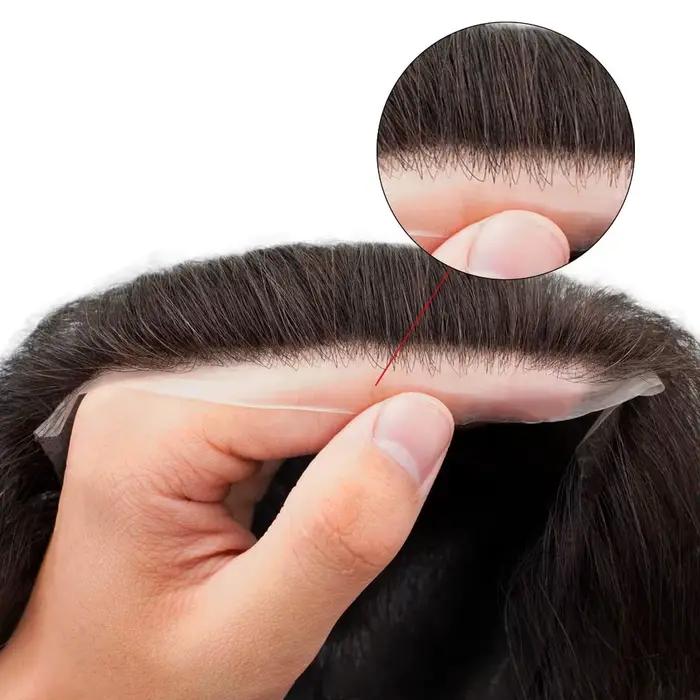 Hotsale 100% morceau de cheveux humains hommes Topper V boucle peau Super mince PU ligne avant systè