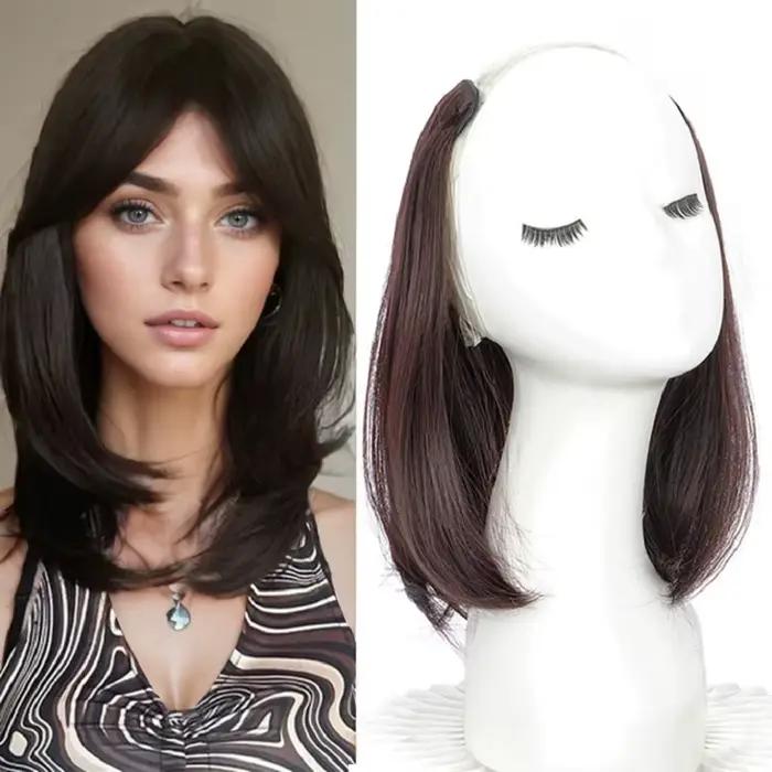 Extension capillaire synthétique courte et lisse, 20/30cm, demi-tête en forme de V, 4Clips, postiche