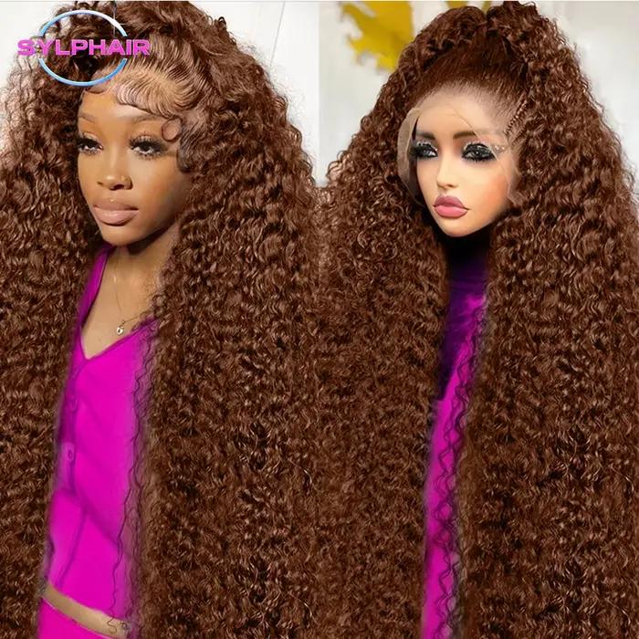 Perruques bouclées profondes cheveux humains brun chocolat 13x4 13x6 Hd dentelle frontale perruque c