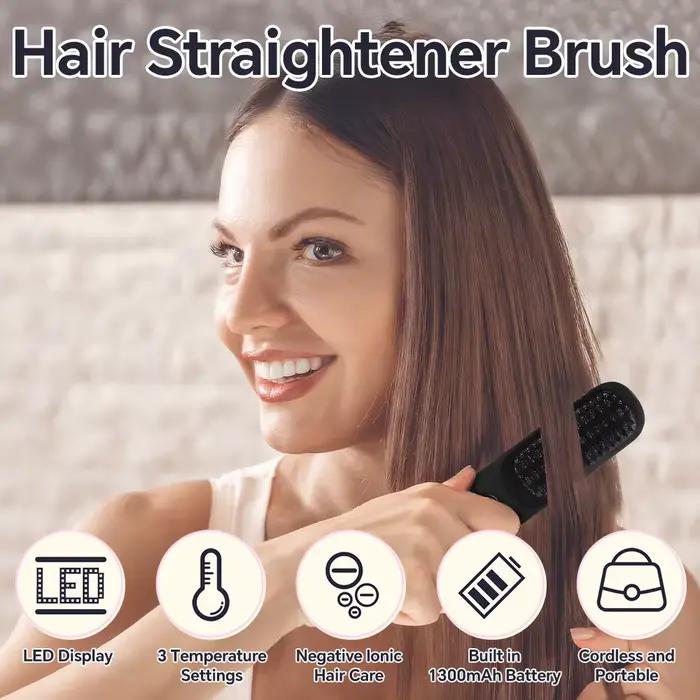 Brosse à lisser les cheveux Rechargeable, peigne ionique à lisser les cheveux, 3 réglages et afficha