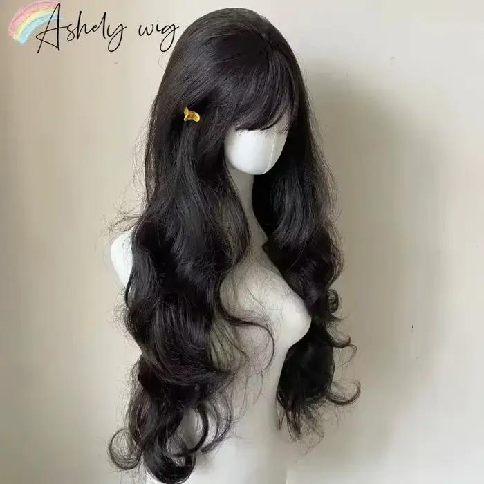 Lolita Black Wig for Women, Long Wavy Hair, Curly Wig with Bangs, Cosplay Sauna Band, Synthetic Wigs