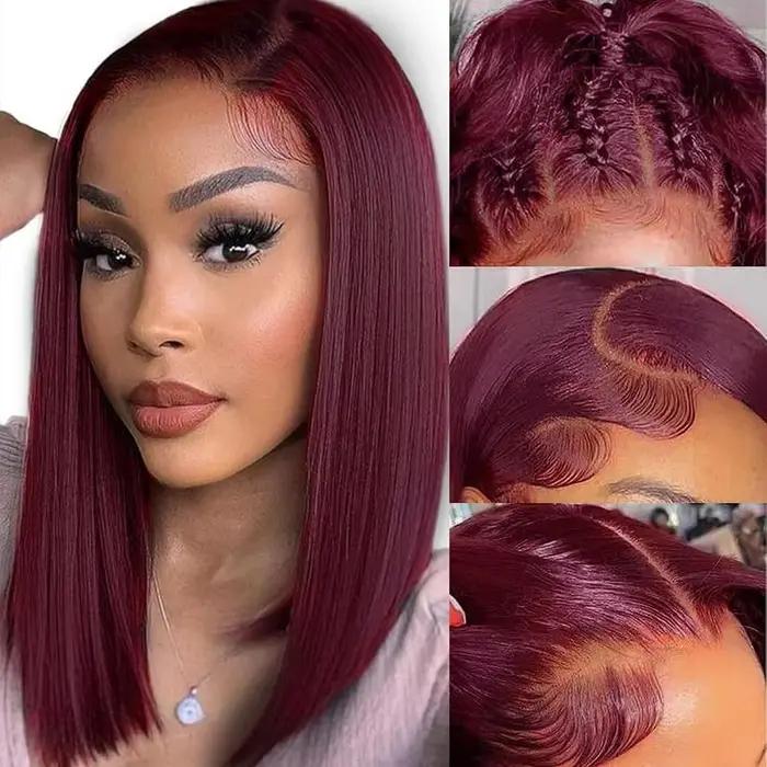 Perruques bob droites bordeaux 99J, prêtes à porter, sans colle, perruques en cheveux humains avec d