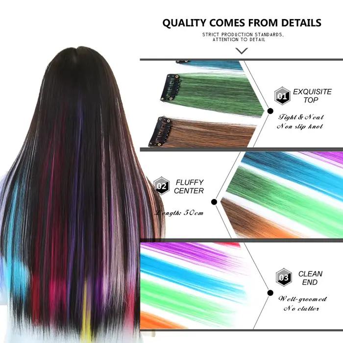 Extensions capillaires synthétiques arc-en-ciel à reflets, postiche à Clip coloré ombré, mèches colo