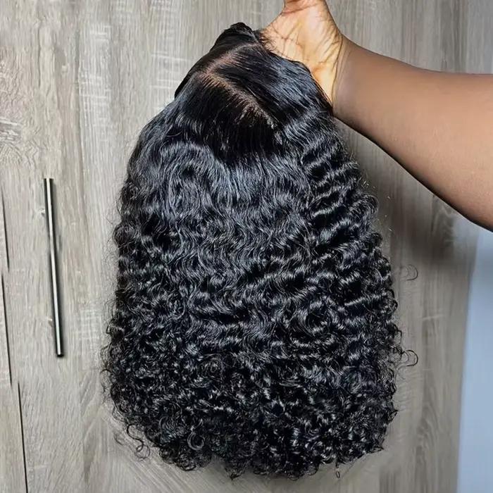 Perruque Lace Front Wig naturelle brésilienne bouclée sans colle, cheveux courts, 13x4, Deep Water W