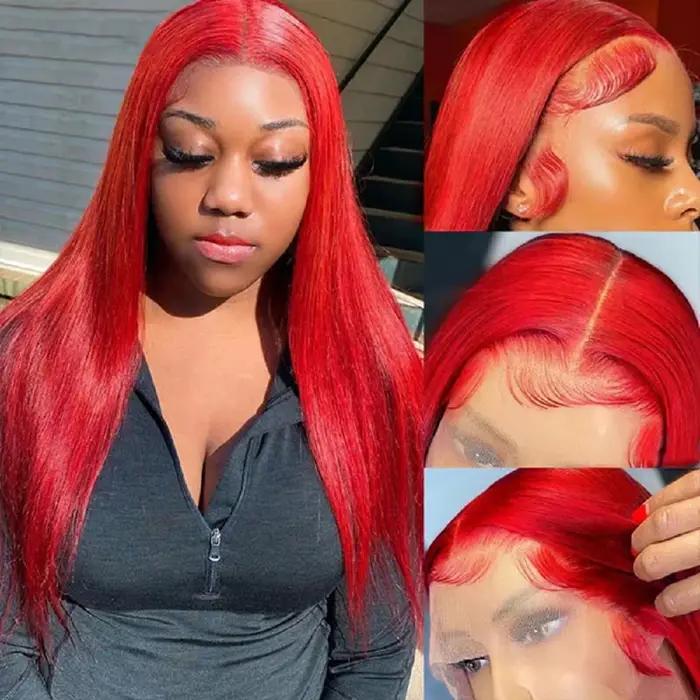 Perruque Lace Frontal Wig brésilienne naturelle, cheveux lisses, couleur bordeaux, 13x6, Hd, pre-plu