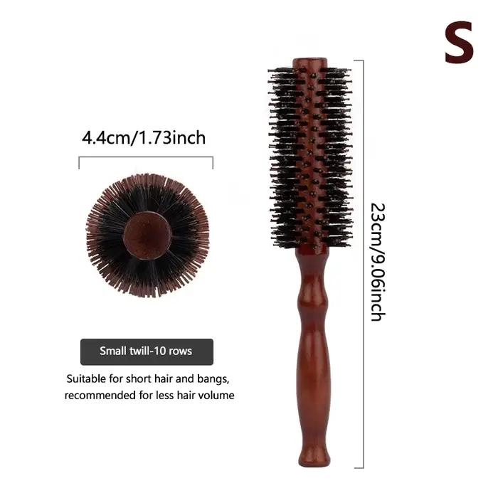 Brosse Ronde à Rouler avec Manche en Bois, Peigne à Cheveux Droit en Sergé, Poils de Sanglier, Baril