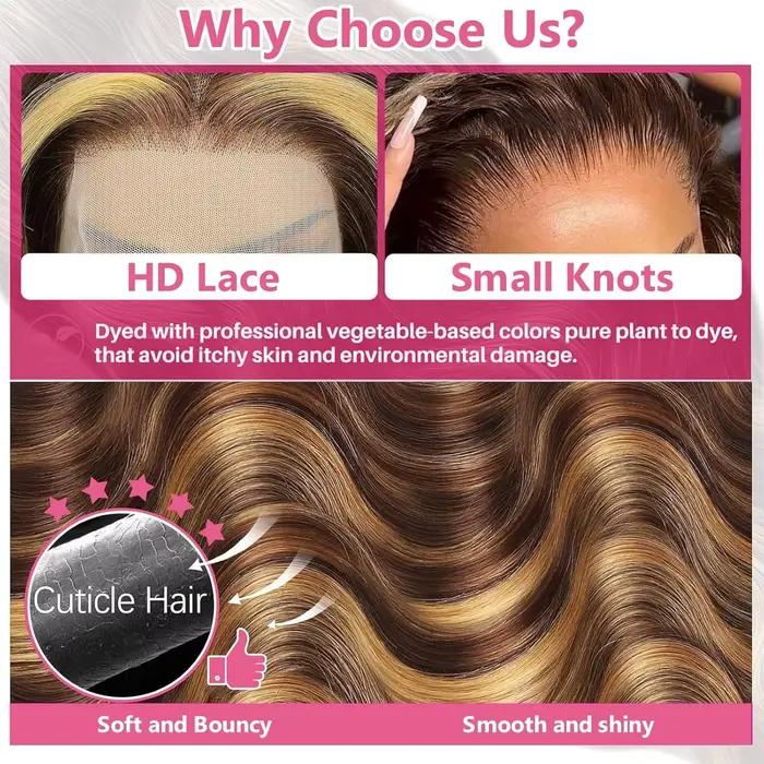Perruque en cheveux humains blond miel avec mèches, ondulée, avec dentelle frontale, en promotion, s