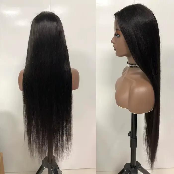 Perruque brésilienne sans colle à clipser, cheveux humains raides, densité 220, coupe en V, 16-36 po